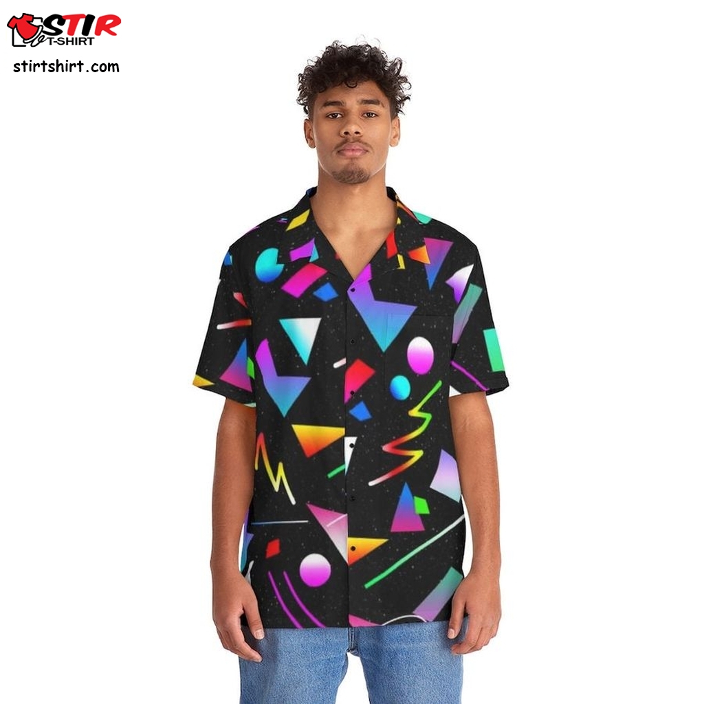 Black Men's Hawaiian Shirt With An 80S Retro Design, Random Colorful Shapes  s Black