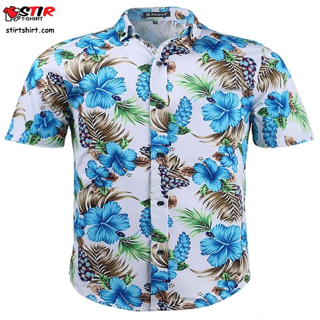 Blue Floral With Brown And Green Leaves White Hawaiian Shirt s Green ...