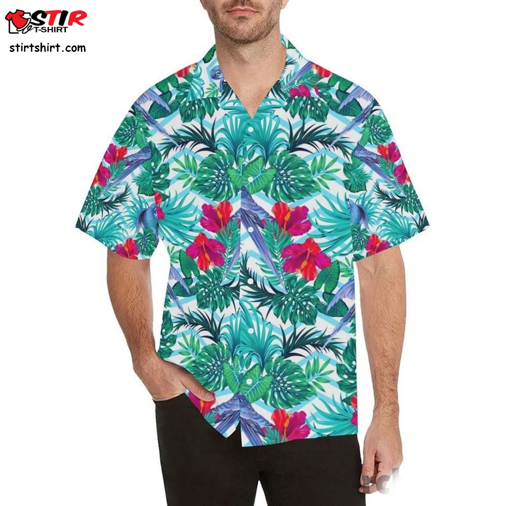 Blue Parrot Hibiscus Pattern Mens All Over Print Hawaiian Shirt 