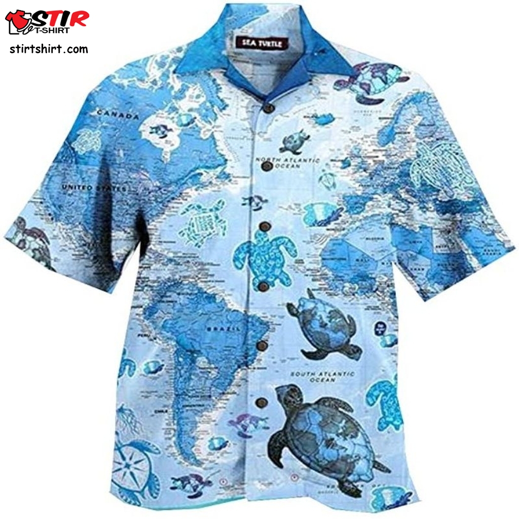 Blue World Map For Sea Turtle Button Down Aloha Hawaii Shirt  s Blue