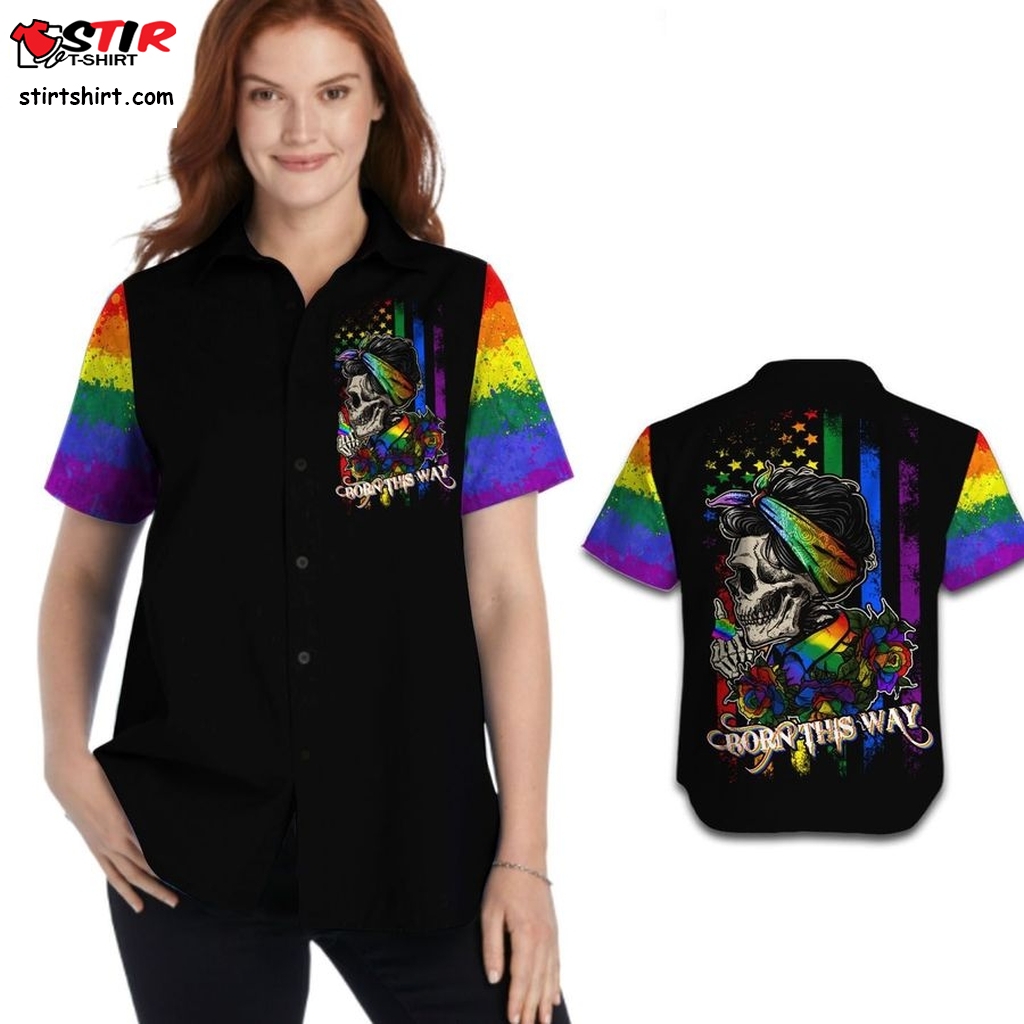 Born This Way Lgbt Flag With Skull Women Hawaiian Shirt For Pride Month   With Shorts