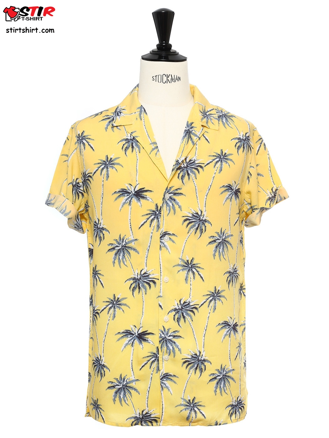 Boutique Yellow Cotton Printed With Blue Palm Trees Short Sleeved Hawaiian Shirt  Blue And Yellow 