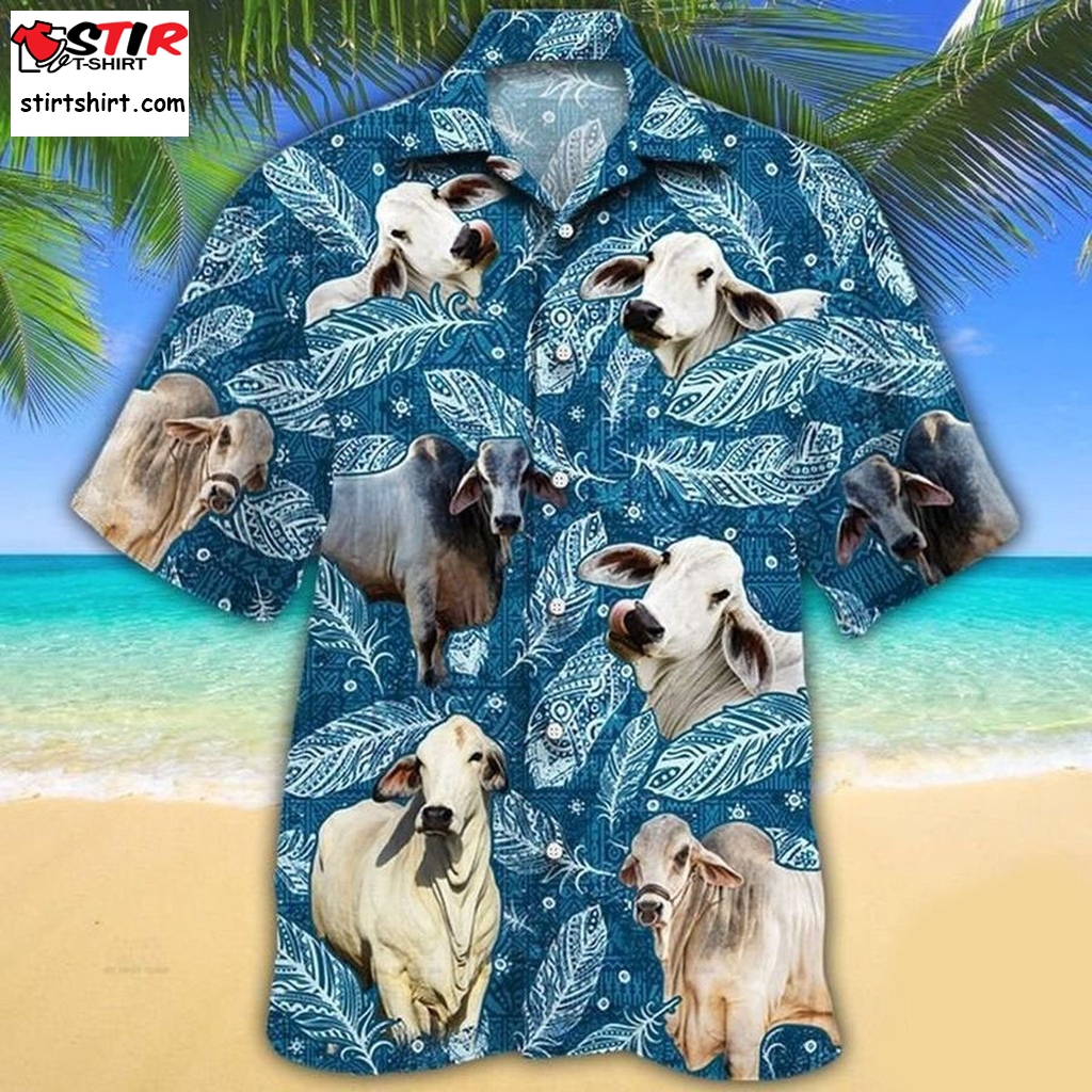 Brahman Cattle Lovers Blue Feather Hawaiian Shirt  s Blue
