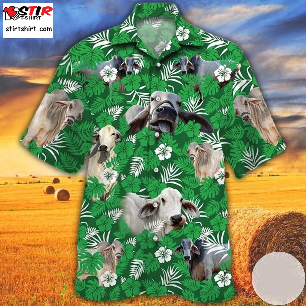 Brahman Cattle Lovers Green Floral Pattern Hawaiian Shirt  s Green