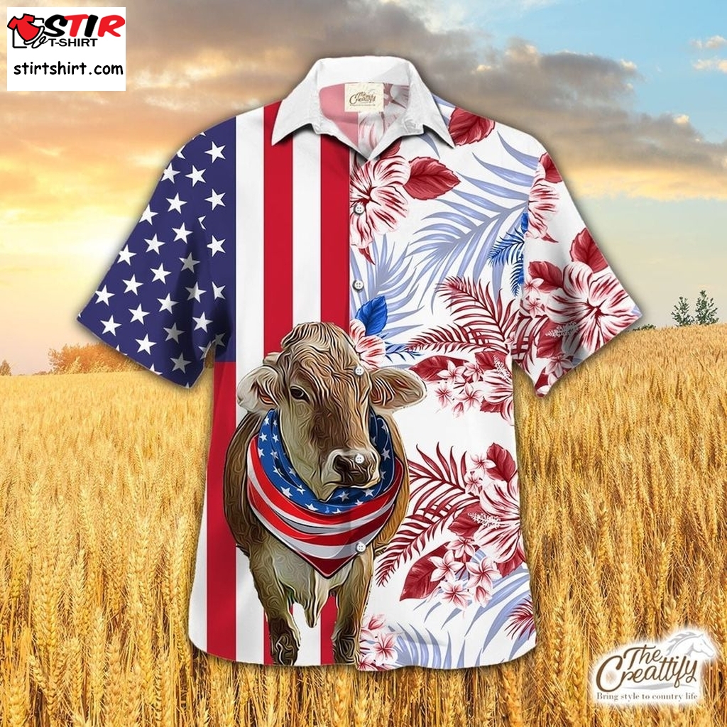 Brown Swiss In American Flag Hawaiian Shirt, Cattle Vintage American Flag Hawaii Shirt,  Father's Day Gift  Vintage s