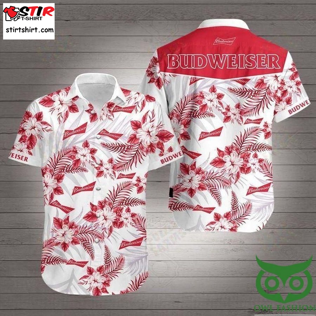 Budweiser Beer White And Red Flowers Hawaiian Shirt  s Red