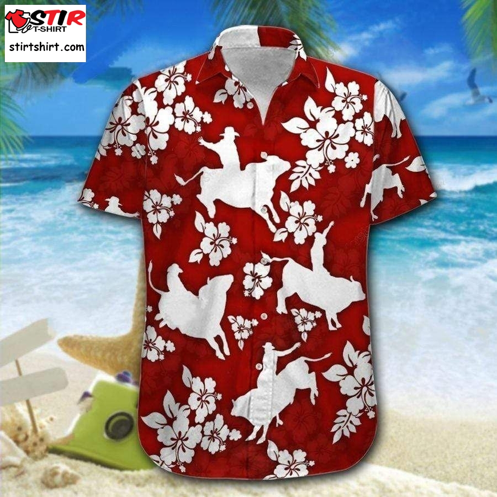 Bull Riding Red Hibiscus Hawaiian Shirt Pre10858, Hawaiian Shirt, Beach Shorts,  Gift Shirts  s Red