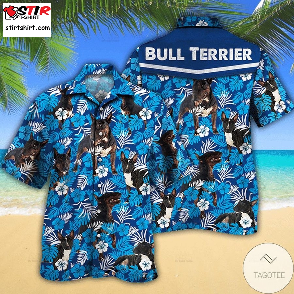 Bull Terrier Dog Lovers Blue Floral Pattern Hawaiian Shirt  s Blue