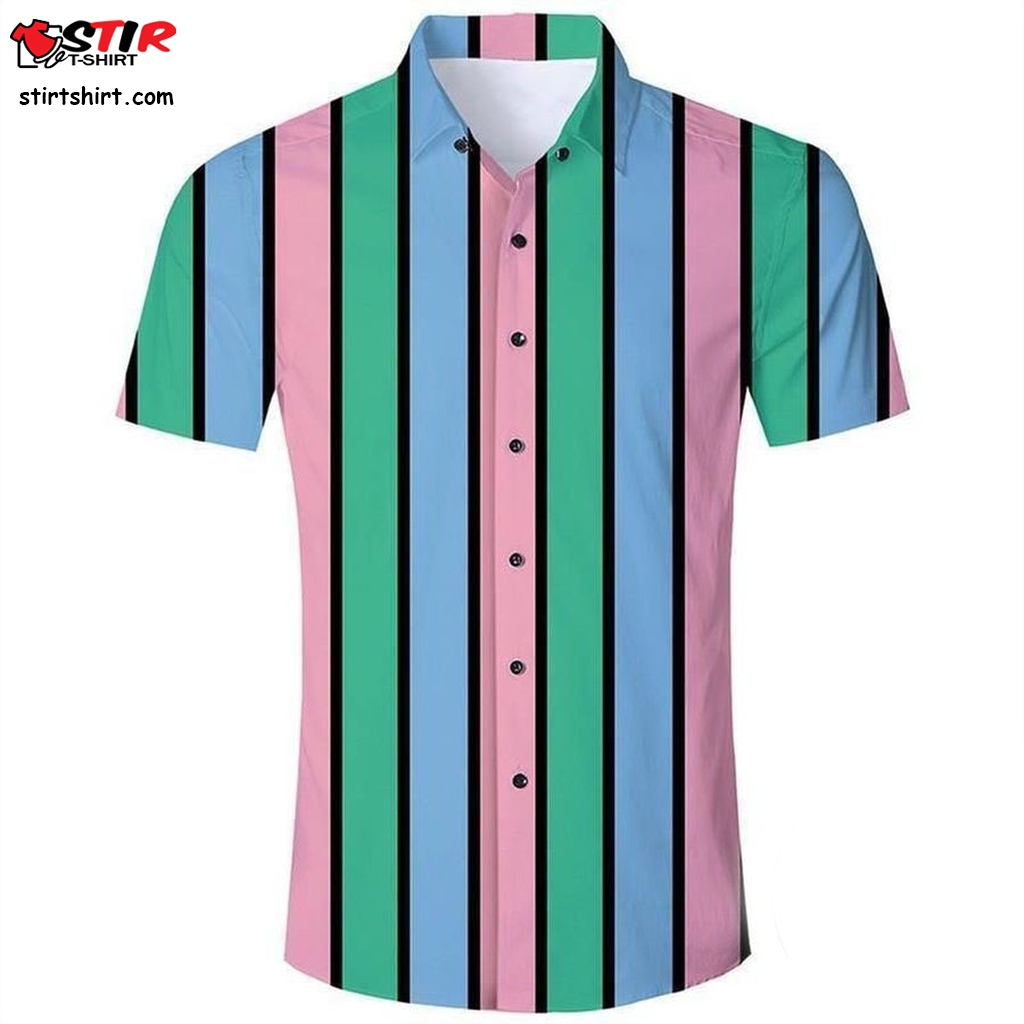 Buy Mens Hawaiian Short Sleeve Shirts Green Pink Stripes