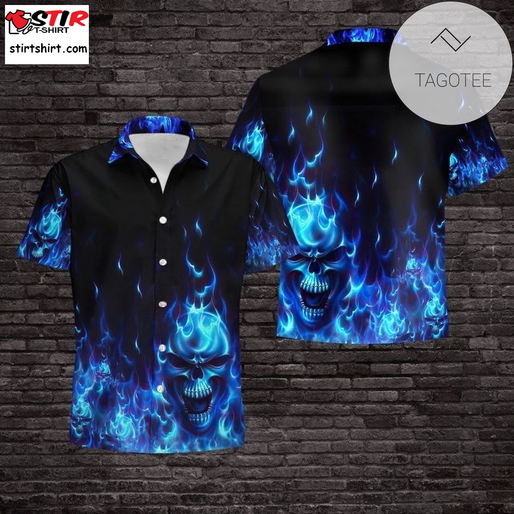 Buy Skull Flame Blue 3D All Over Authentic Hawaiian Shirt 2023  s Blue