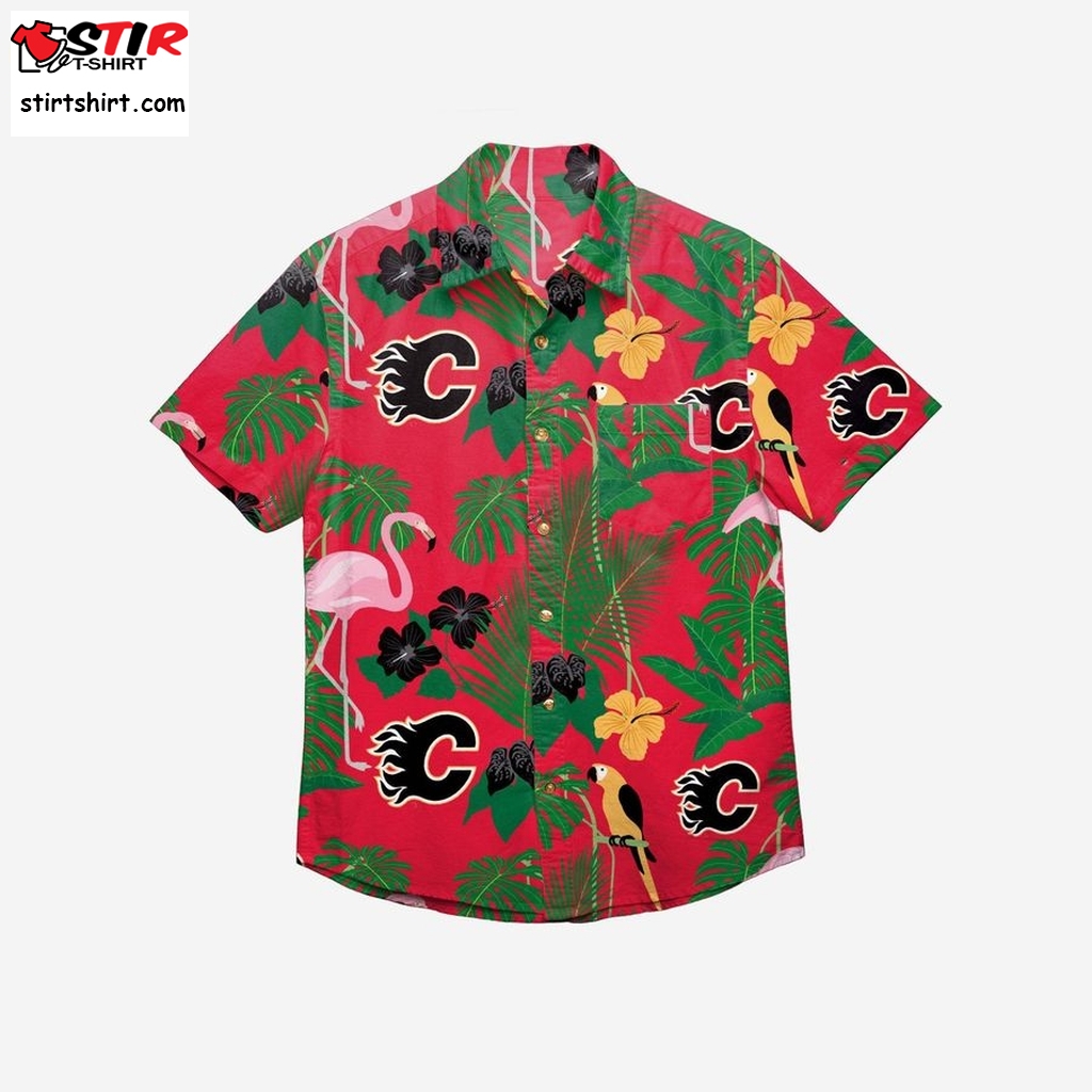 Calgary Flames Floral Button Up Hawaiian Shirt  Obnoxious 