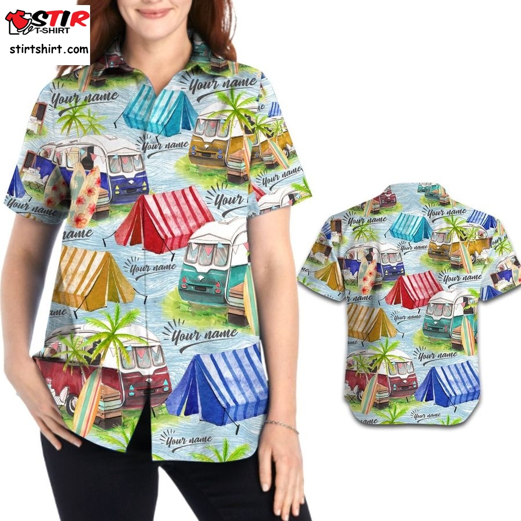 Camping Car Tent Tropical Coconut Tree Custom Name Personalized Gifts Women Aloha Button Up Hawaiian Shirt For Campers In Summer  Obnoxious 
