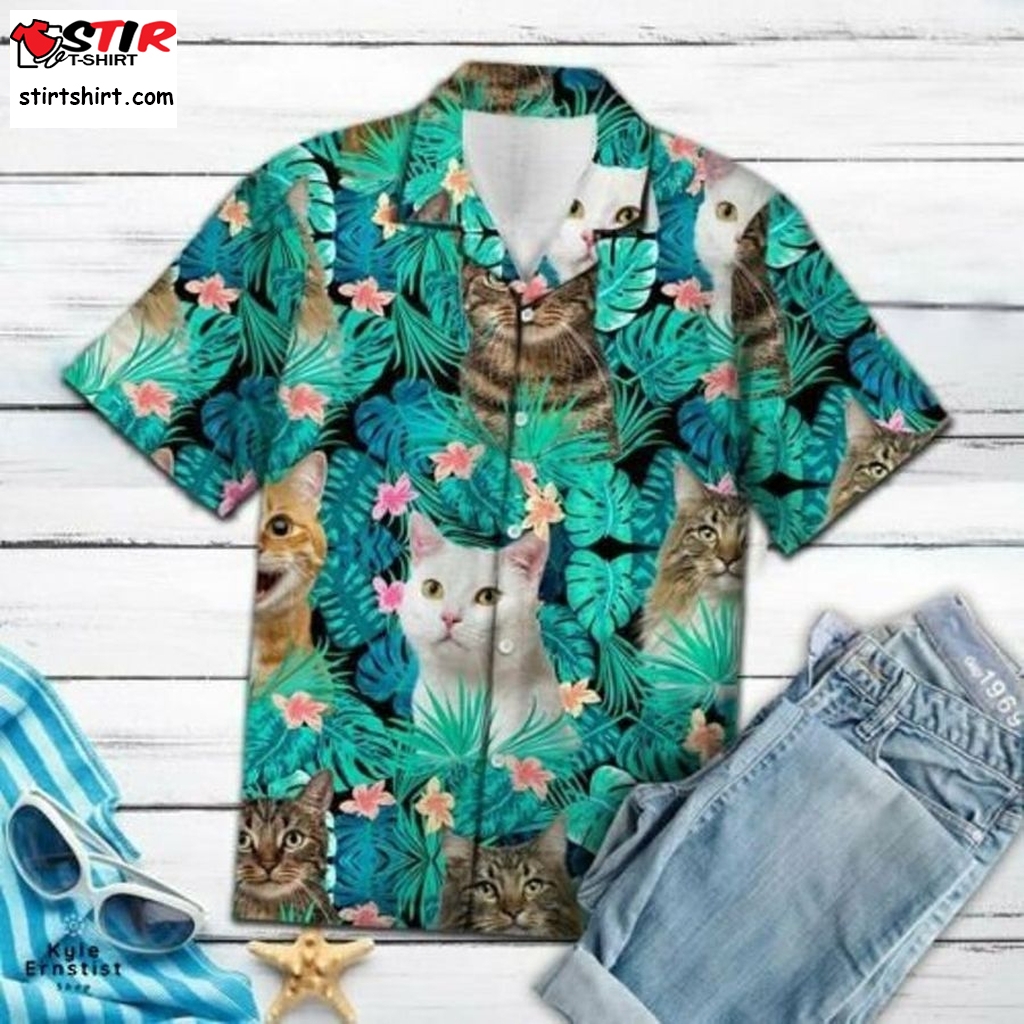 Cat Tropical Flower Animal Lover Hawaii Shirt  Hawaiian Cat Shirt