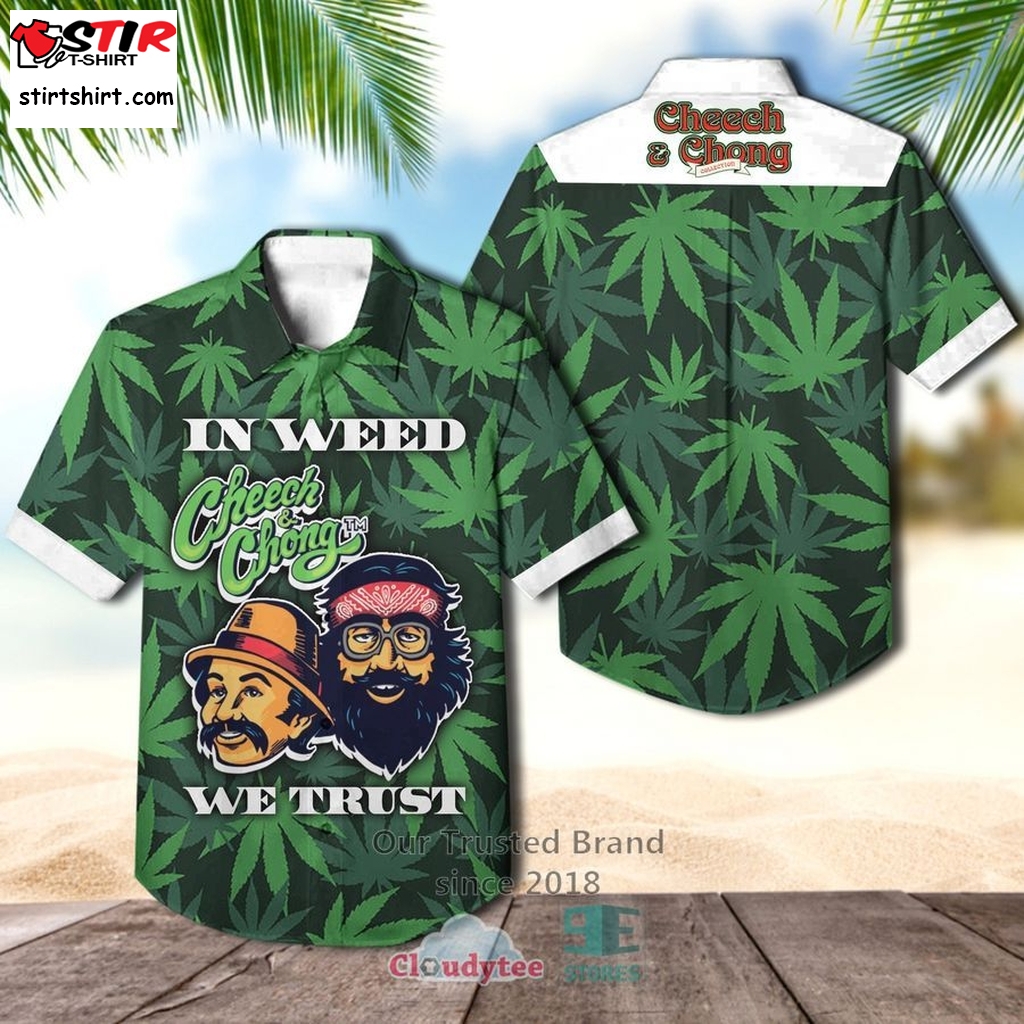 Cheech  Chong In Weed We Trust Green Hawaiian Casual Shirt    s Green