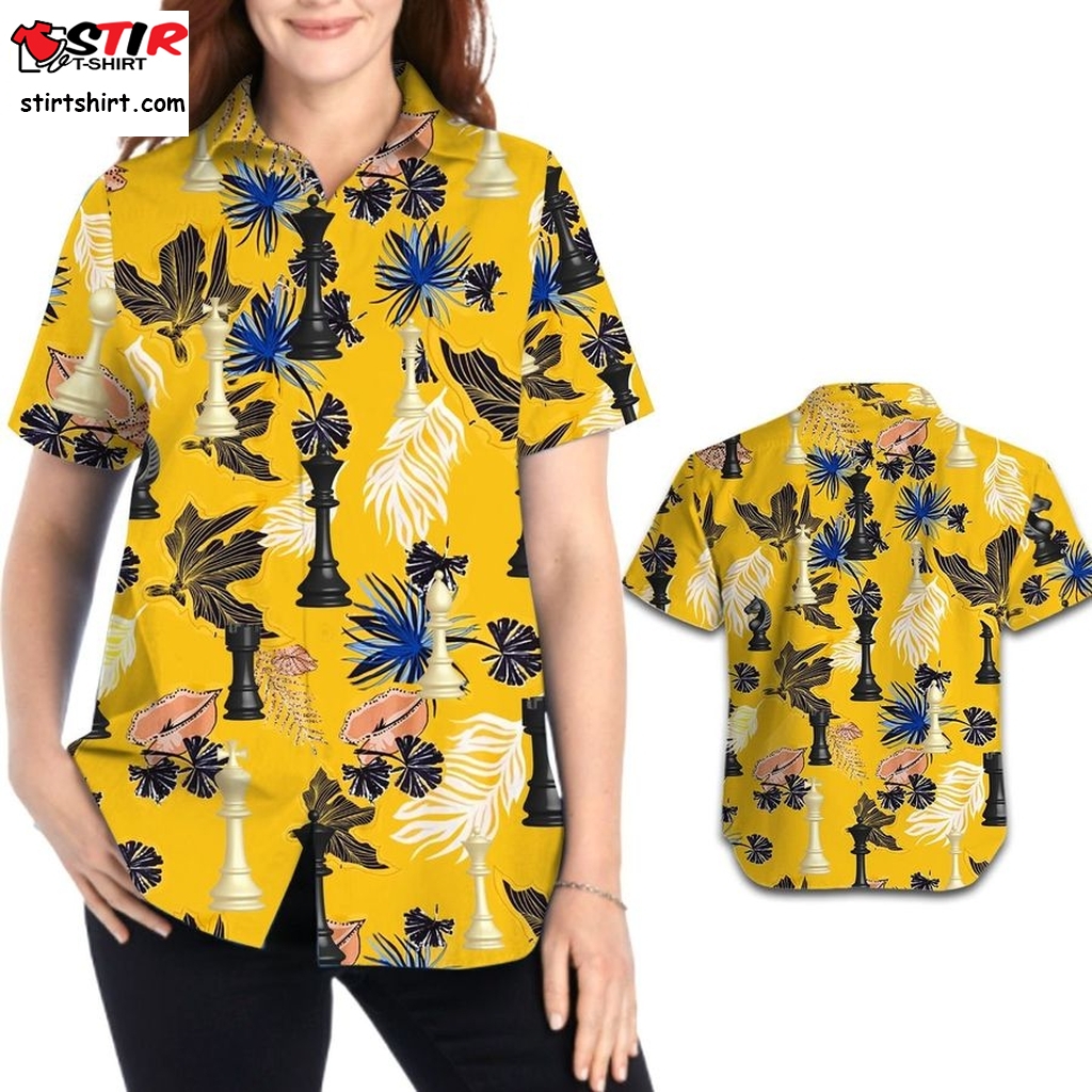 Chess Pieces Women Aloha Hawaiian Tropical Floral Button Up Shirt For Chess Players And Sport Lovers On Summer Vacation  Goonies Chunk 