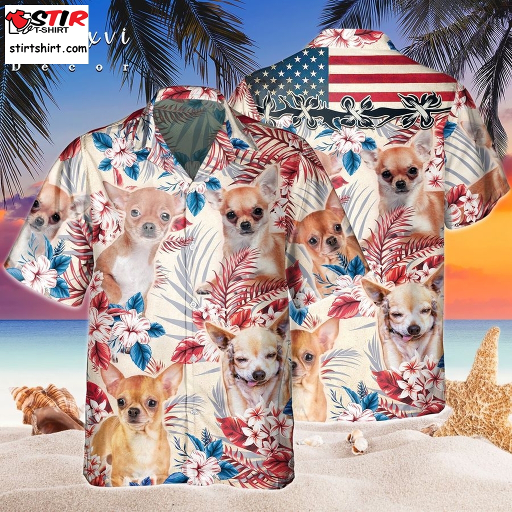Chihuahua Dog Vintage American Flag Hawaii Shirt, Tropical Red And Blue Floral Hawaiian Shirt, Gift For Dog Lovers, Dog Parent Gift  Vintage s