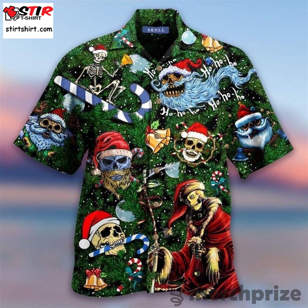 Christmas Ho Ho Ho Santa Skull Green Hawaiian Aloha Aloha Shirts Hawaiian Shorts Beach Short Sleeve   s Green