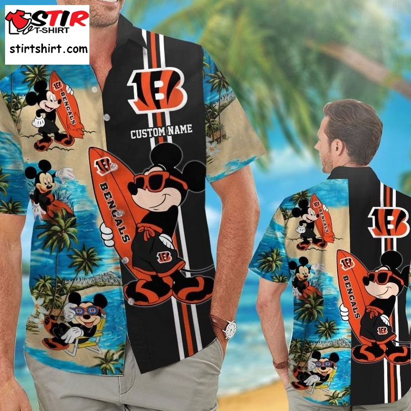 Cincinnati Bengals Mickey Custom Name Short Sleeve Button Up Tropical Aloha Hawaiian Shirts For Men Women  Cincinnati Bengals 