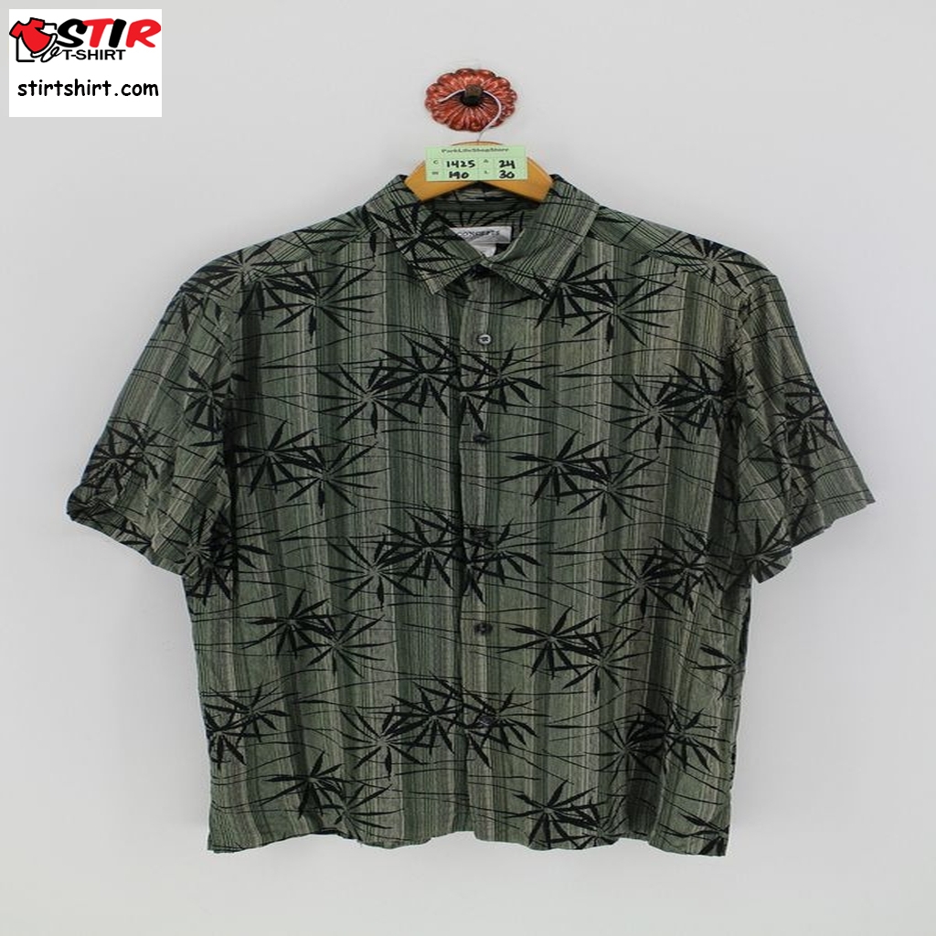 Claiborne Rayon Bamboo Hawaiian Rayon Medium Vintage 90S Bamboo Green Tropical Aloha Hawaii Surf Style Wear Shirt Size M  Vintage s