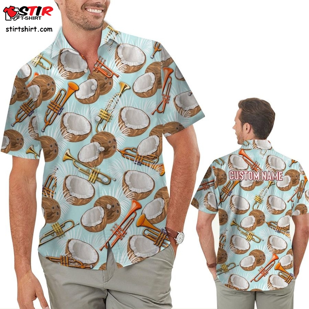 Coconut Pattern Trumpet Custom Name Men Hawaiian Aloha Beach Button Up Shirt For Trumpeters On Summer Vacation  Diy 