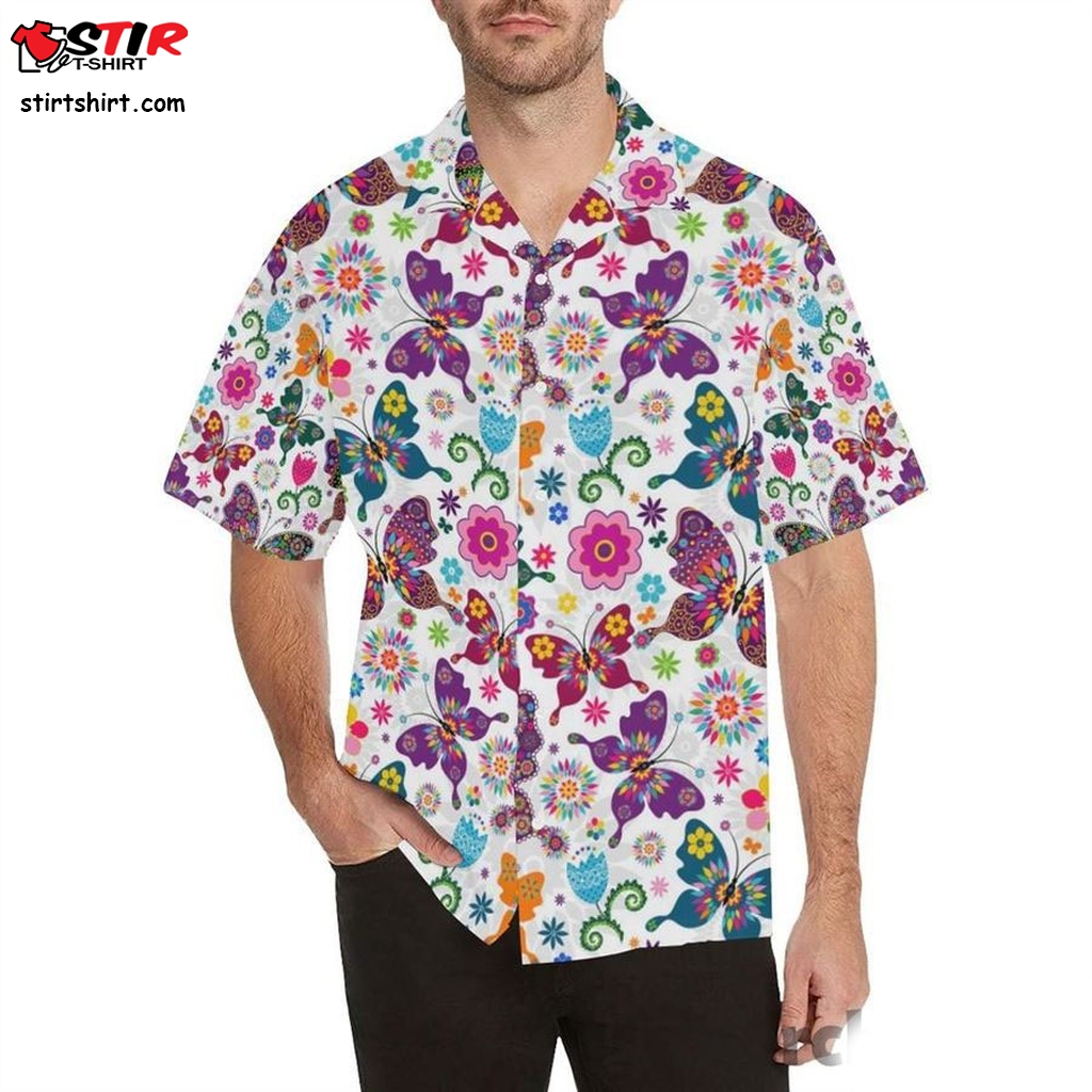 Colorful Butterfly Flower Pattern Mens All Over Print Hawaiian Shirt 