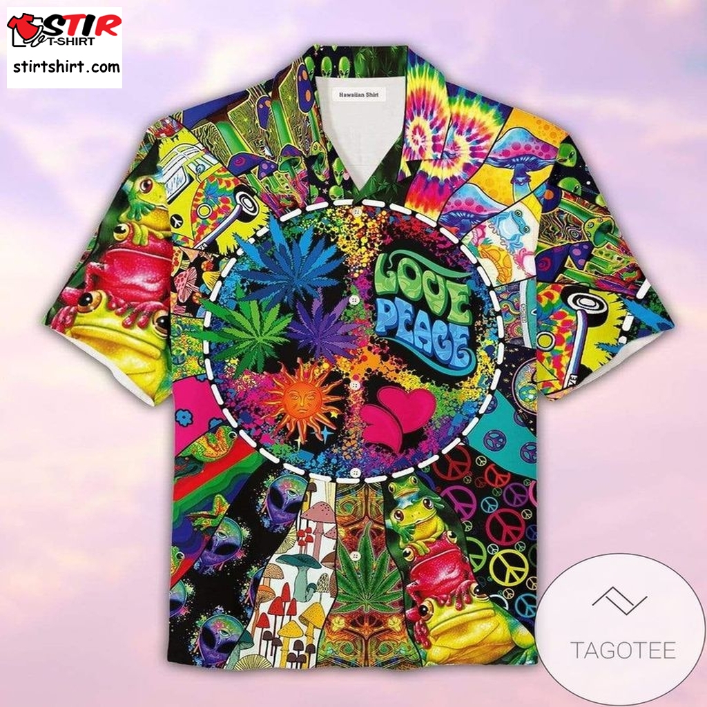 Colorful Hippie Peace Love Weed Unisex Hawaiian Aloha Shirts  Cool 