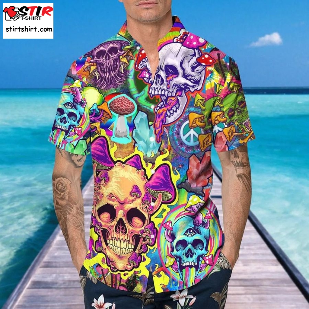 Colorful Mushroom Psychedelic Trippy Skull Hawaiian Shirt, This Trends Summer Beach Shirt For Men Women   Converse