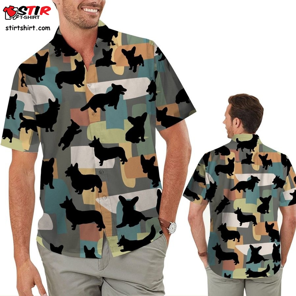 Corgi Silhouettes Pastel Colors Lovely Men Aloha Hawaiian Button Up Shirt For Dog Pet Animal Lovers On Beach Summer Vacation  Dog In 