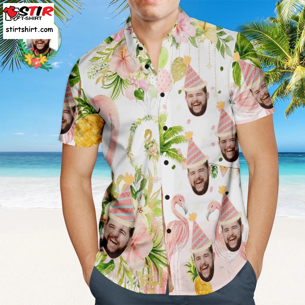 Custom Flamingo Birthday Party Hawaiian Shirt Personalized Face Shirt  Hawaiian Birthday Shirt