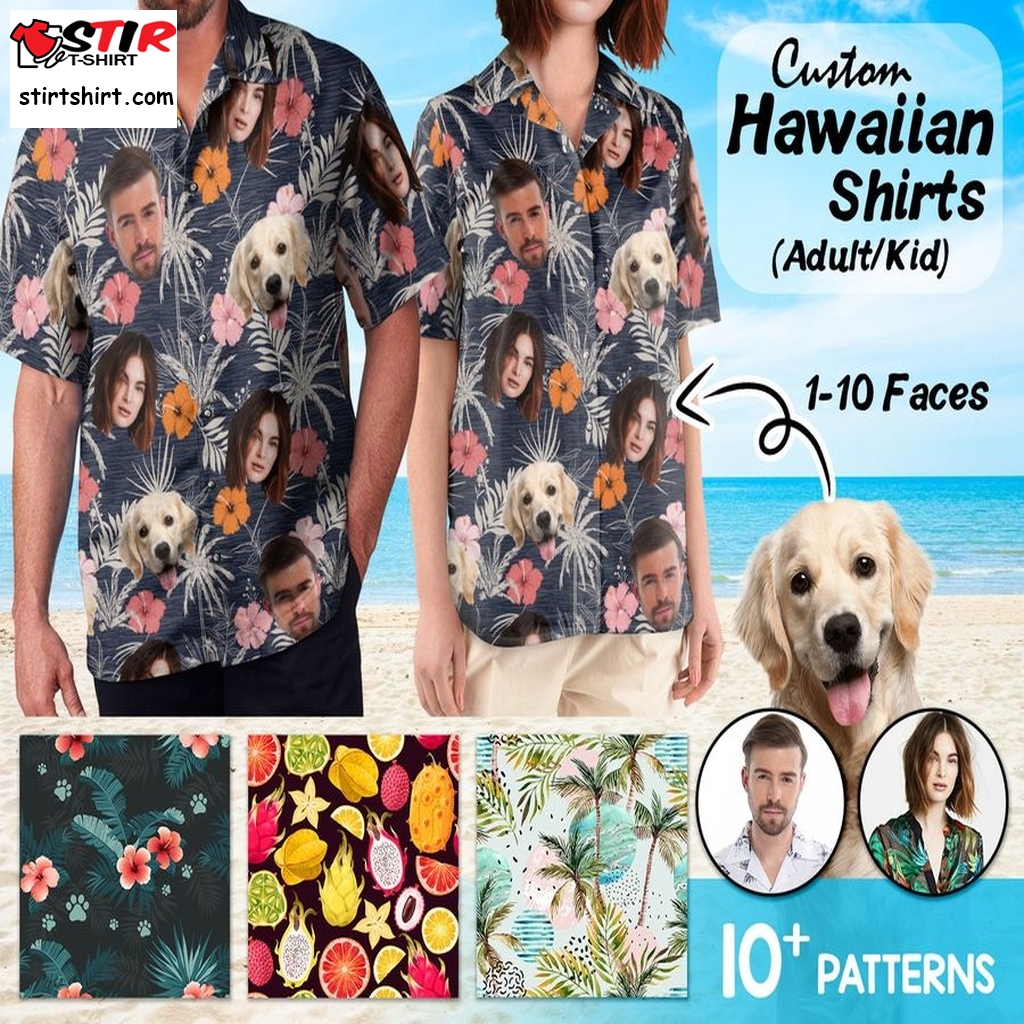 Custom Hawaiian Tropical Shirt With Face, Personalized Dog, Cat, Adult, Kid Face Shirt,Couples Match Floral Aloha Button Up Hawaii Shirt   With Dog Face