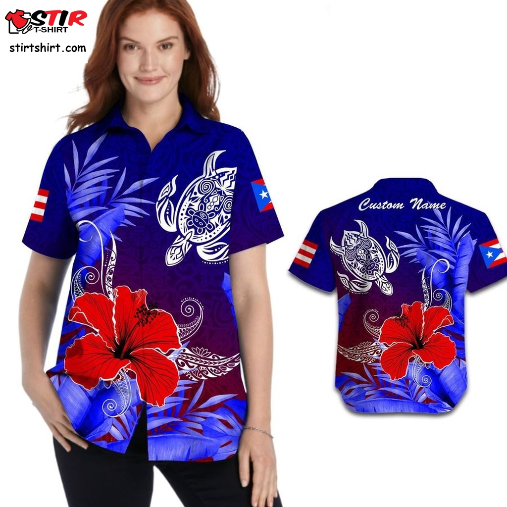 Custom Name Puerto Rico Women Hawaiian Shirt With Taino Turtle Symbol And Tropical Aloha Leaves  Halloween Costumes With A 
