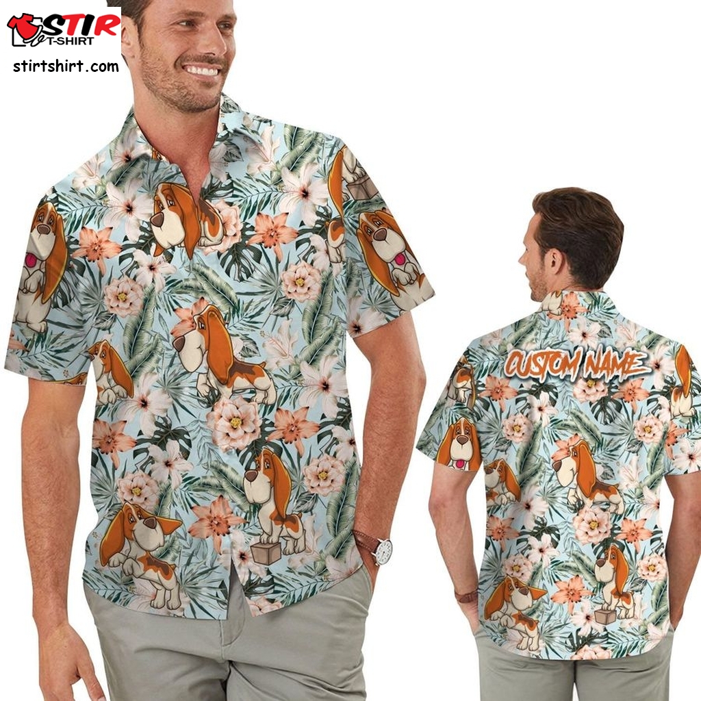 Cute Basset Hound Retro Hawaiian Aloha Floral Tropical Men Custom Name Beach Button Up Shirt For Dog Lovers On Summer Vacation  Guess 