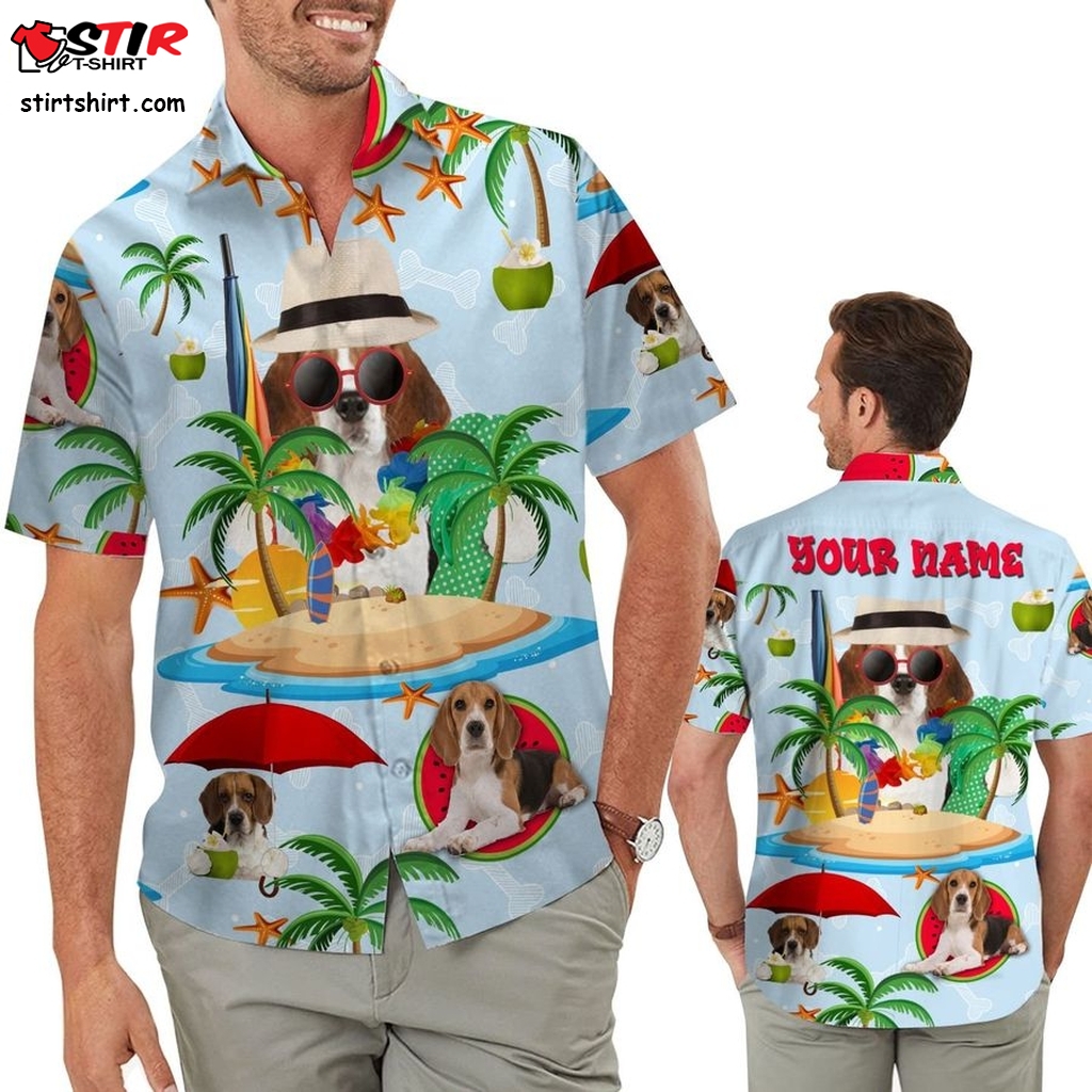 Cute Beagles Aloha Tropical Coconut Tree Custom Name Personalized Men Button Up Hawaiian Shirt For Dog Lovers In Summer  Beagle 