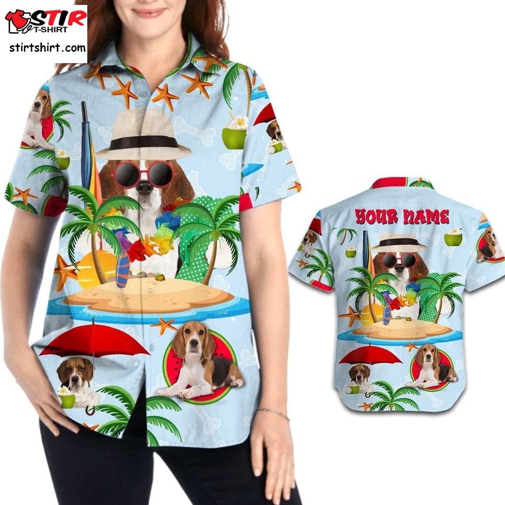 Cute Beagles Aloha Tropical Coconut Tree Custom Name Personalized Women Button Up Hawaiian Shirt For Dog Lovers Summer  Beagle 