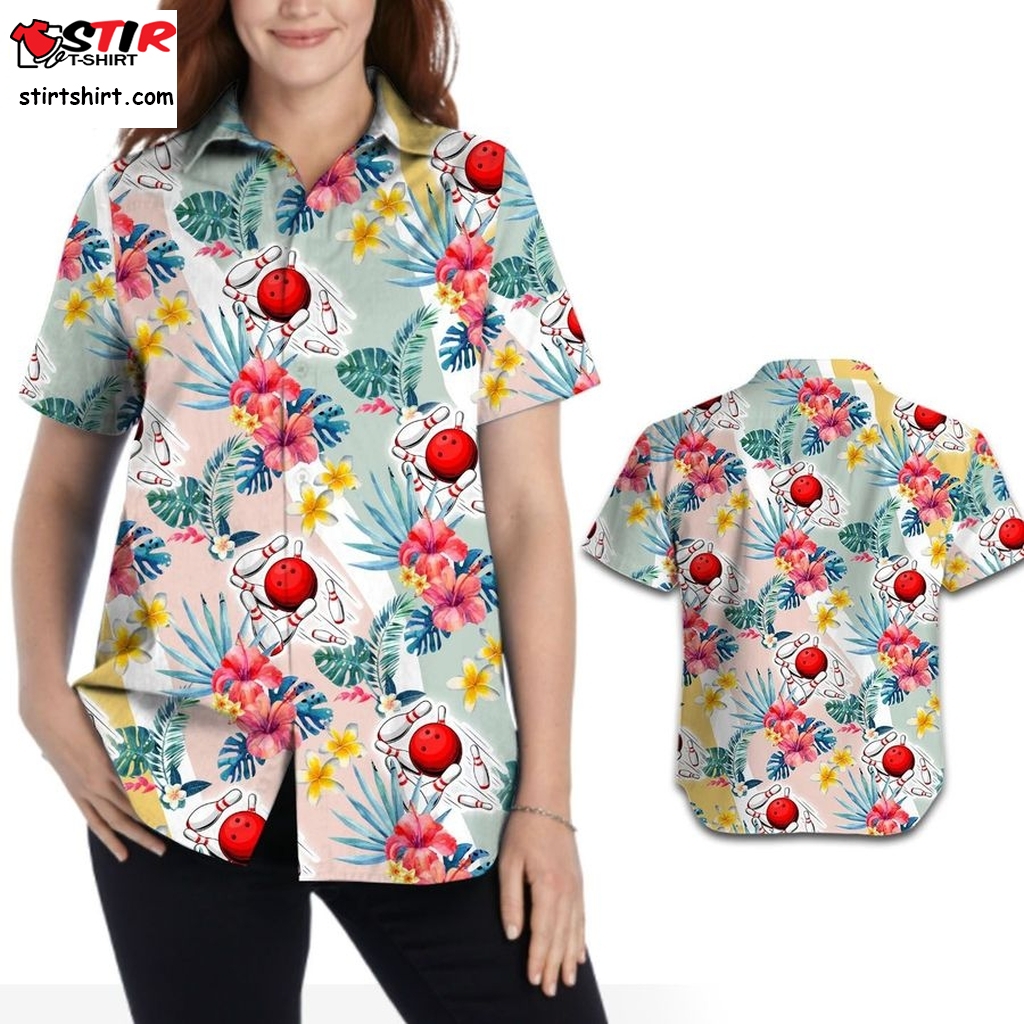 Cute Bowling Hawaiian Floral Hibiscus Women Aloha Tropical Shirt For Bowlers And Sport Lovers On Beach Summer Vacation  Cute  Outfit Girl