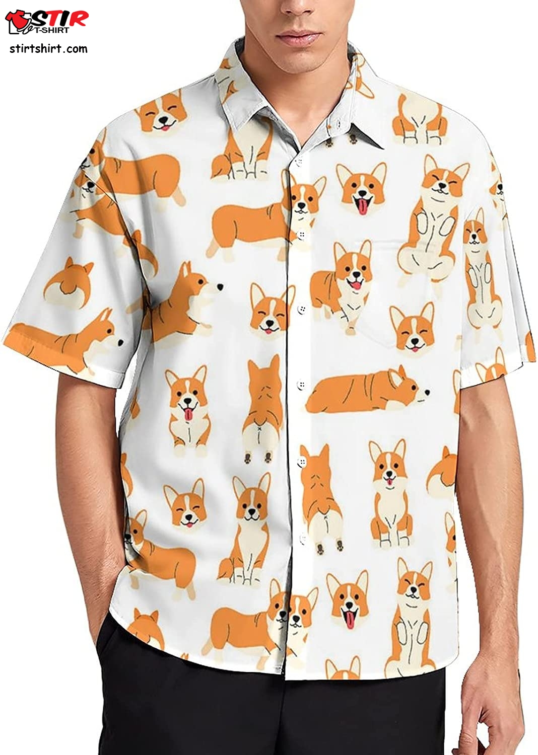 Cute Cartoon Corgi Men_S Beach Shirts Short Sleeve Button Up Shirts 3D Printed Hawaiian Shirt,