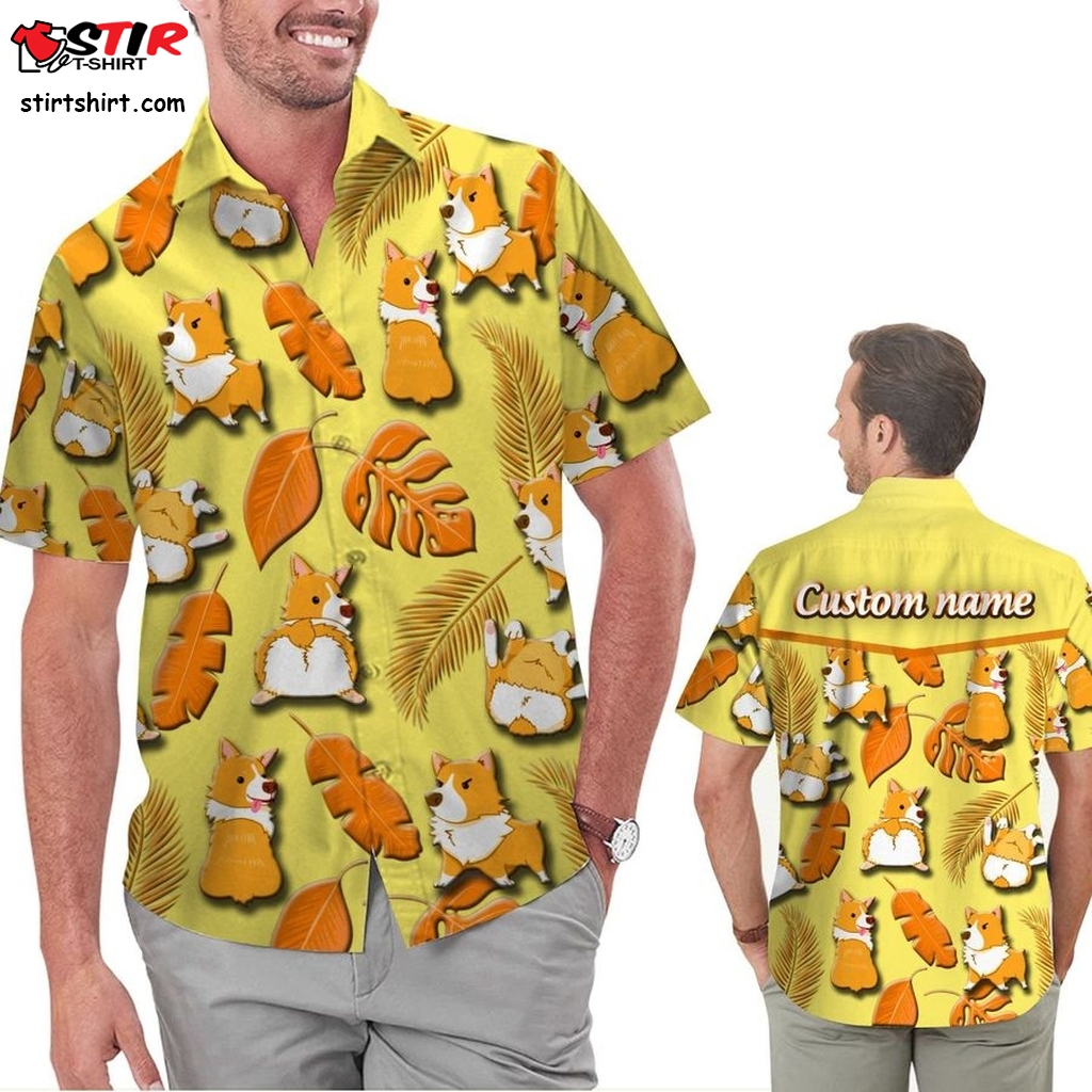 Cute Corgi Custom Name Men Hawaiian Tropical Floral Beach Button Up Shirt For Dog And Pets Lovers On Summer Vacation  Pet 