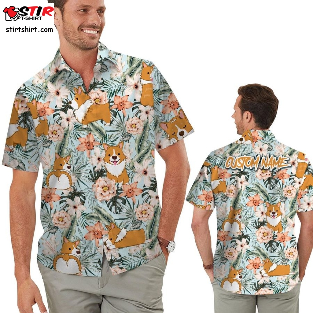 Cute Corgi Retro Hawaiian Aloha Floral Tropical Men Custom Name Beach Button Up Shirt For Dog Lovers On Summer Vacation  Cute  Outfit Girl