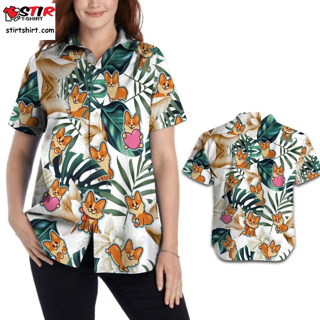 Cute Corgi Women Hawaiian Aloha Tropical Floral Beach Button Up Shirt For Dog Lovers On Summer Vacation  Tourist Outfit Without 