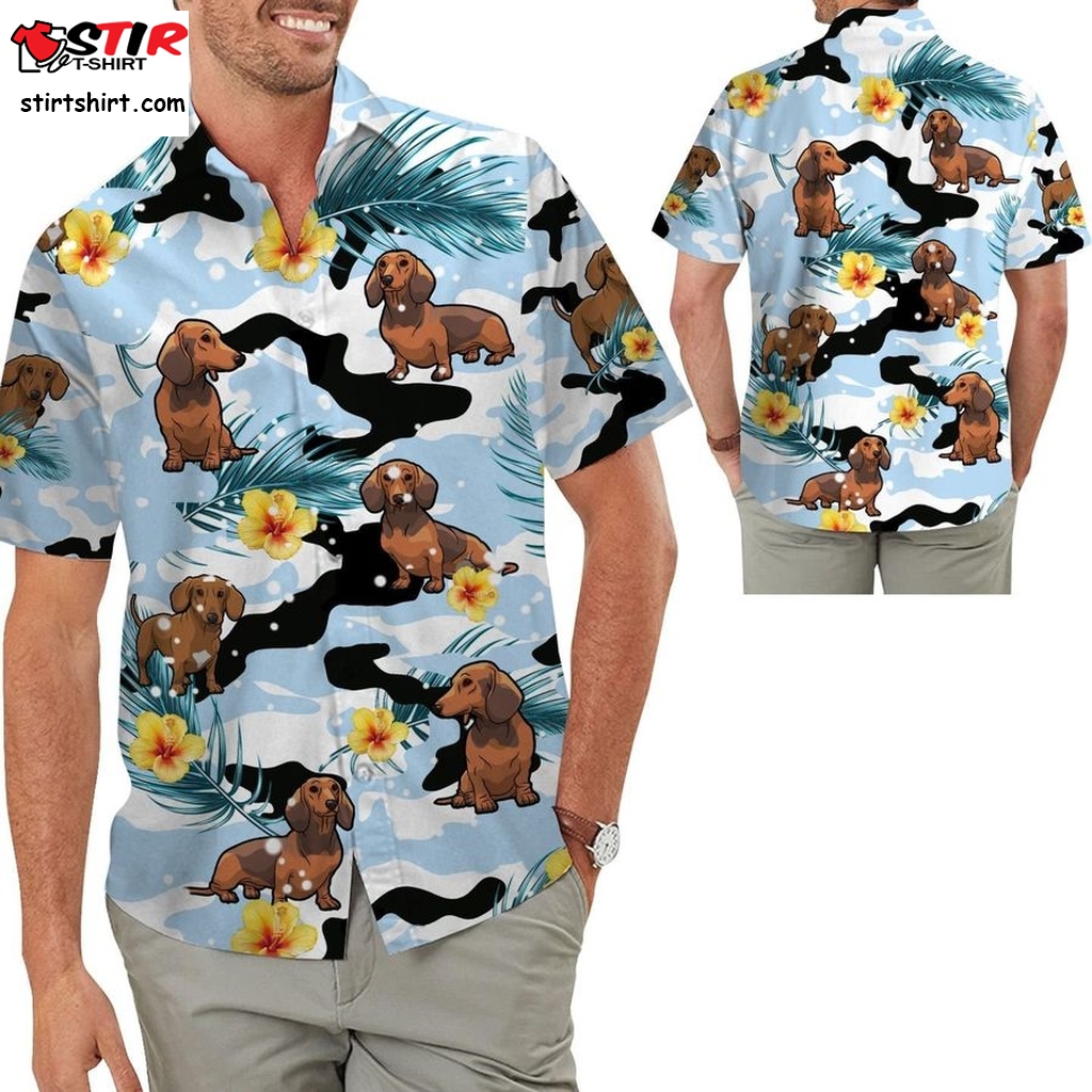 Cute Dachshund Camo Hibiscus Hawaiian Men Button Up Aloha Tropical Shirt For Dog Lovers And Owners On Beach Summer Vacation