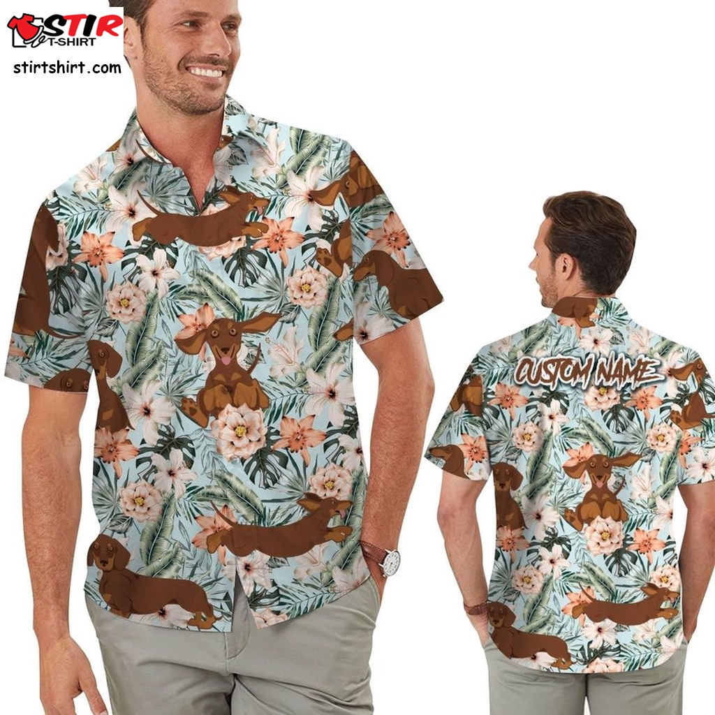Cute Dachshund Retro Hawaiian Aloha Floral Tropical Men Custom Name Beach Button Up Shirt For Dog Lovers On Summer Vacation  Tourist Outfit Without 