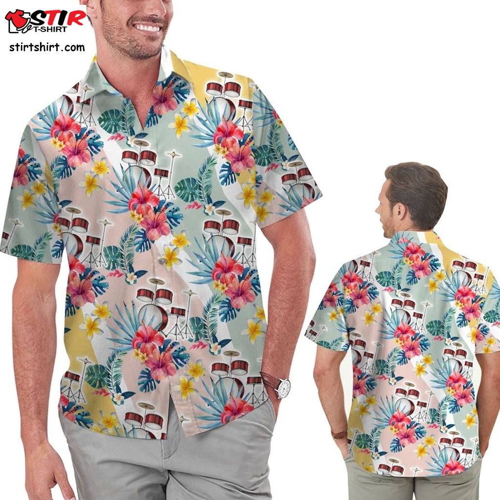 Cute Drums Hawaiian Floral Hibiscus Men Aloha Tropical Shirt For Drummers And Sport Lovers On Beach Summer Vacation  Tourist Outfit Without 