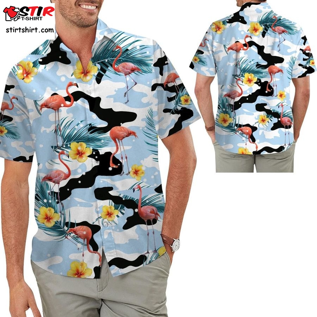 Cute Flamingo Camo Hibiscus Hawaiian Men Button Up Aloha Tropical Shirt For Bird Lovers And Owners On Beach Summer Vacation