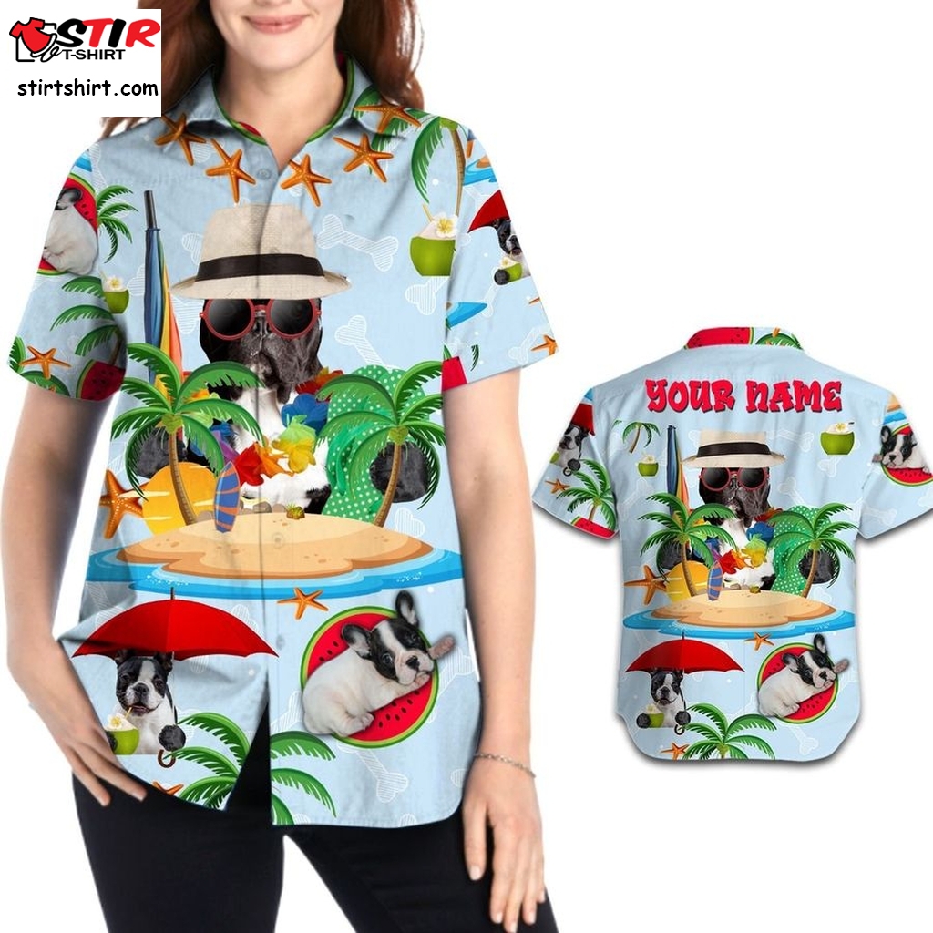 Cute French Bulldog Aloha Tropical Coconut Tree Custom Name Personalized Women Button Up Hawaiian Shirt For Dog Lovers  Personalized Dog 