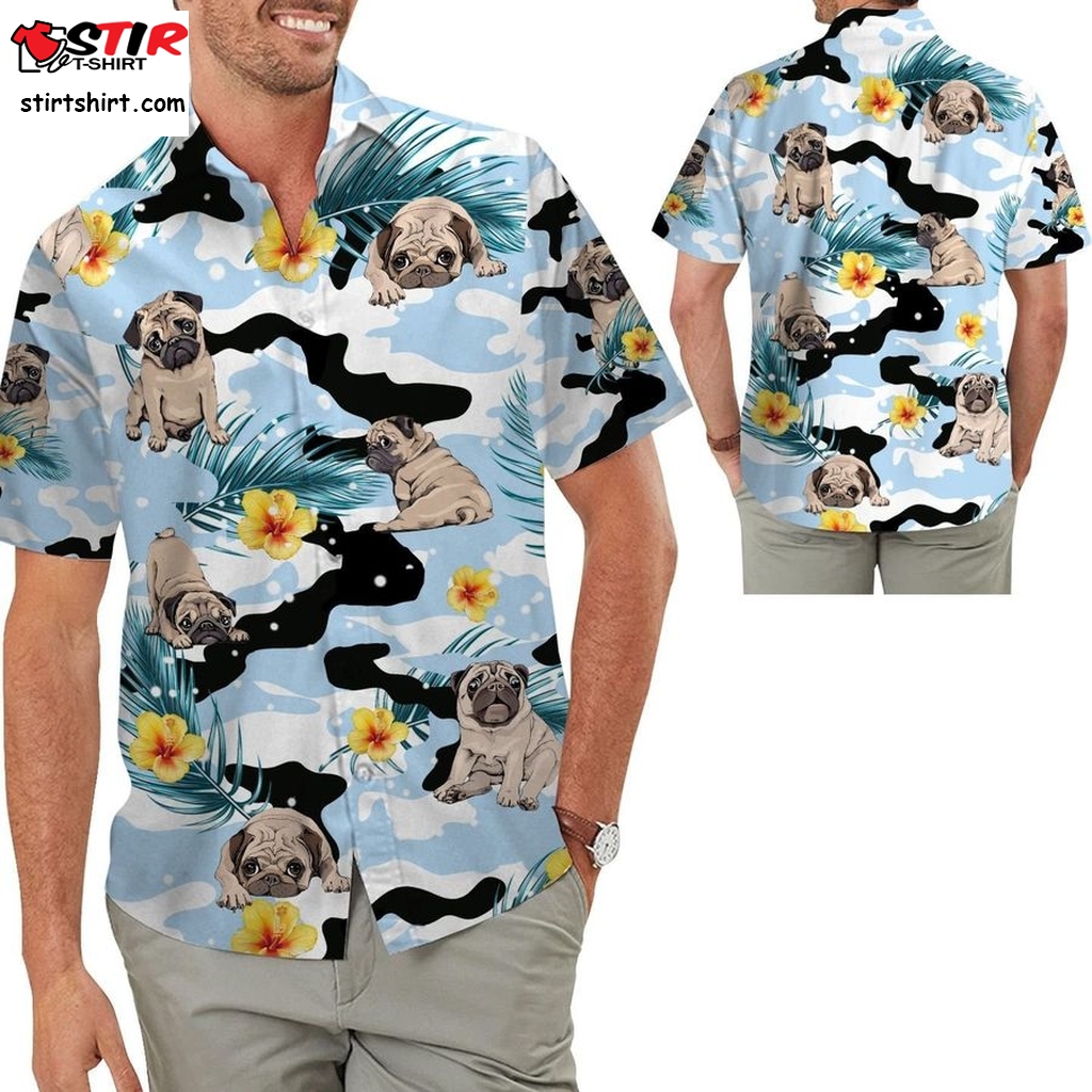 Cute Pug Camo Hibiscus Hawaiian Men Button Up Aloha Tropical Shirt For Dog Lovers And Owners On Beach Summer Vacation