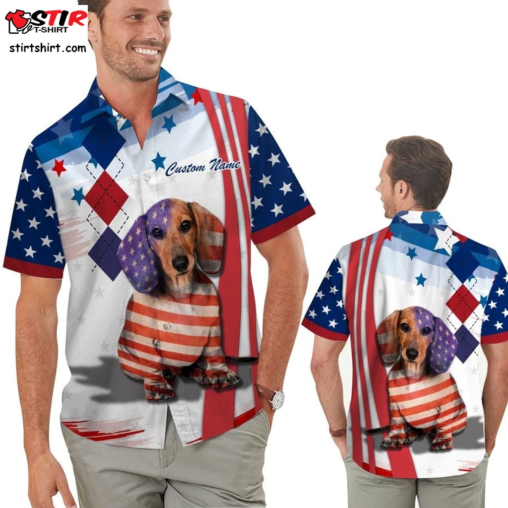 Dachshund American Flag Independence Day 4Th Of July Custom Name Men Hawaiian Shirt   Day Meme