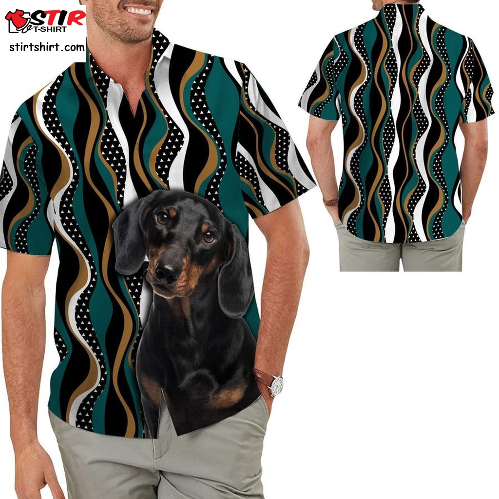 Dachshund Hawaiian Aloha Tropical Floral Men Beach Button Up Shirt For Dog Owners And Pet Lovers On Summer Vacation