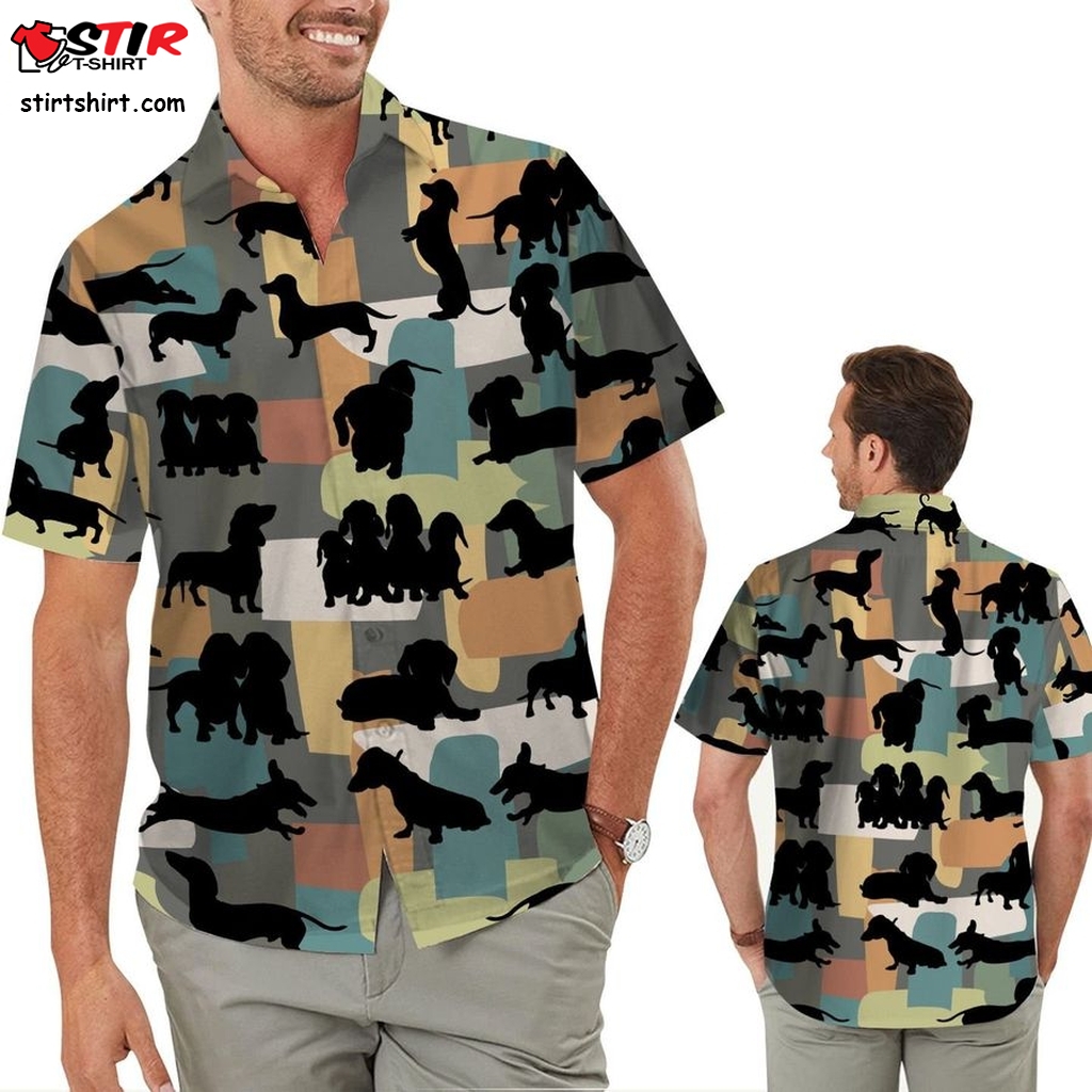 Dachshund Silhouettes Pastel Colors Lovely Men Aloha Hawaiian Button Up Shirt For Wiener Dog Pet Lovers On Beach Summer Vacation