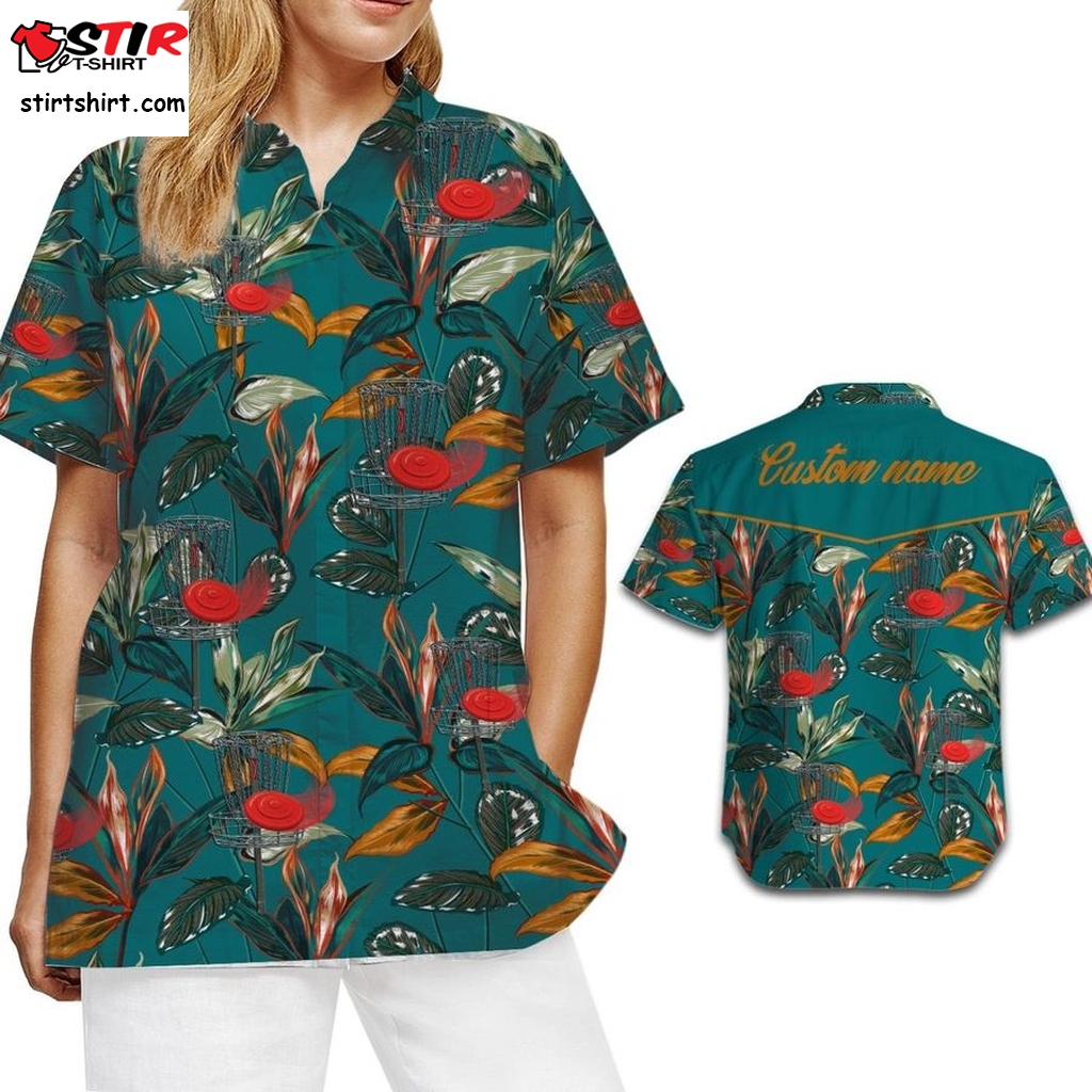 Disc Golf Sporty Women Hawaiian Aloha Tropical Floral Custom Name Shirt For Disc Golfers On Summer Vacation