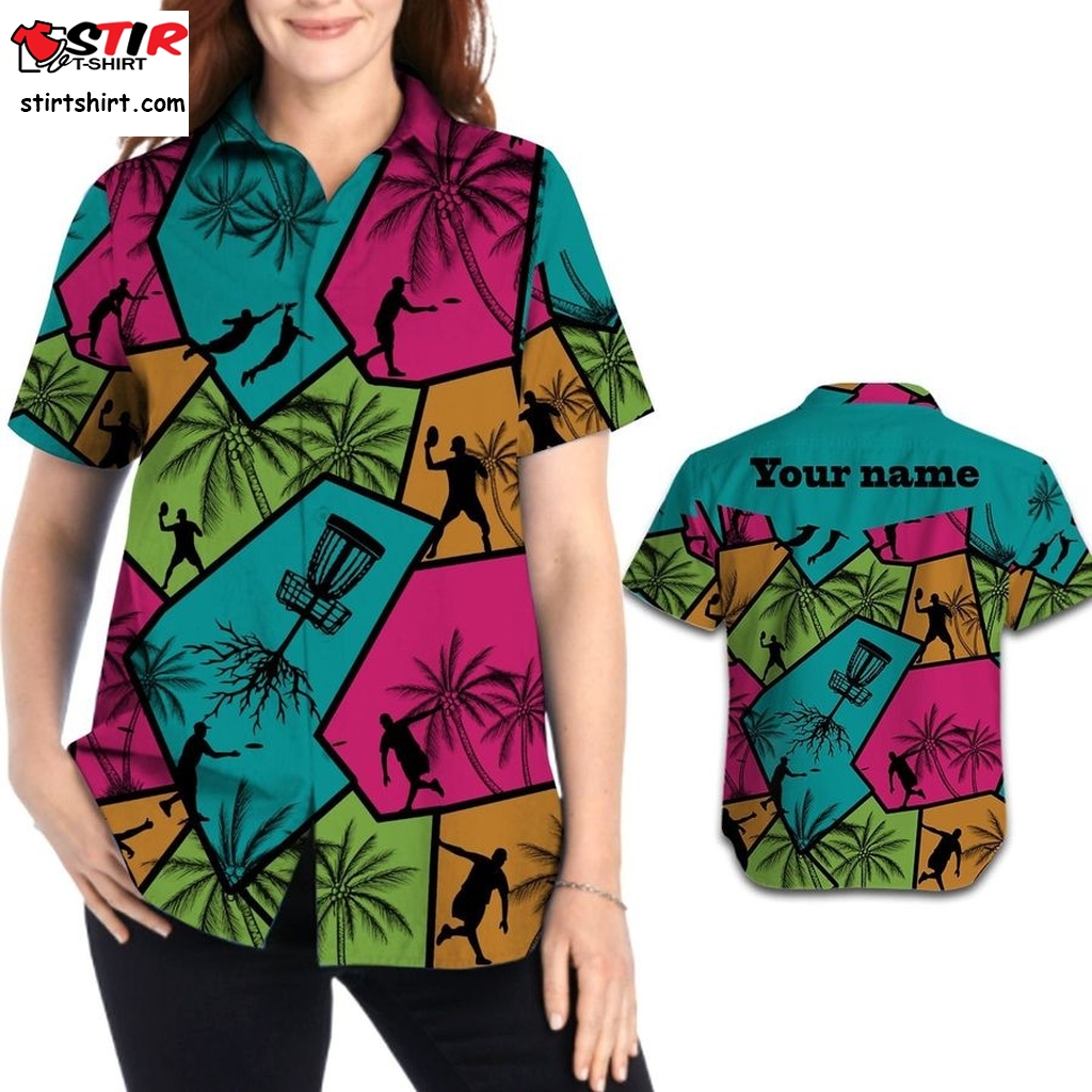 Disc Golfer Aloha Coconut Trees Custom Name Personalized Gifts Women Button Up Hawaiian Shirt For Frisbee Golf Sport Lovers  Womens 